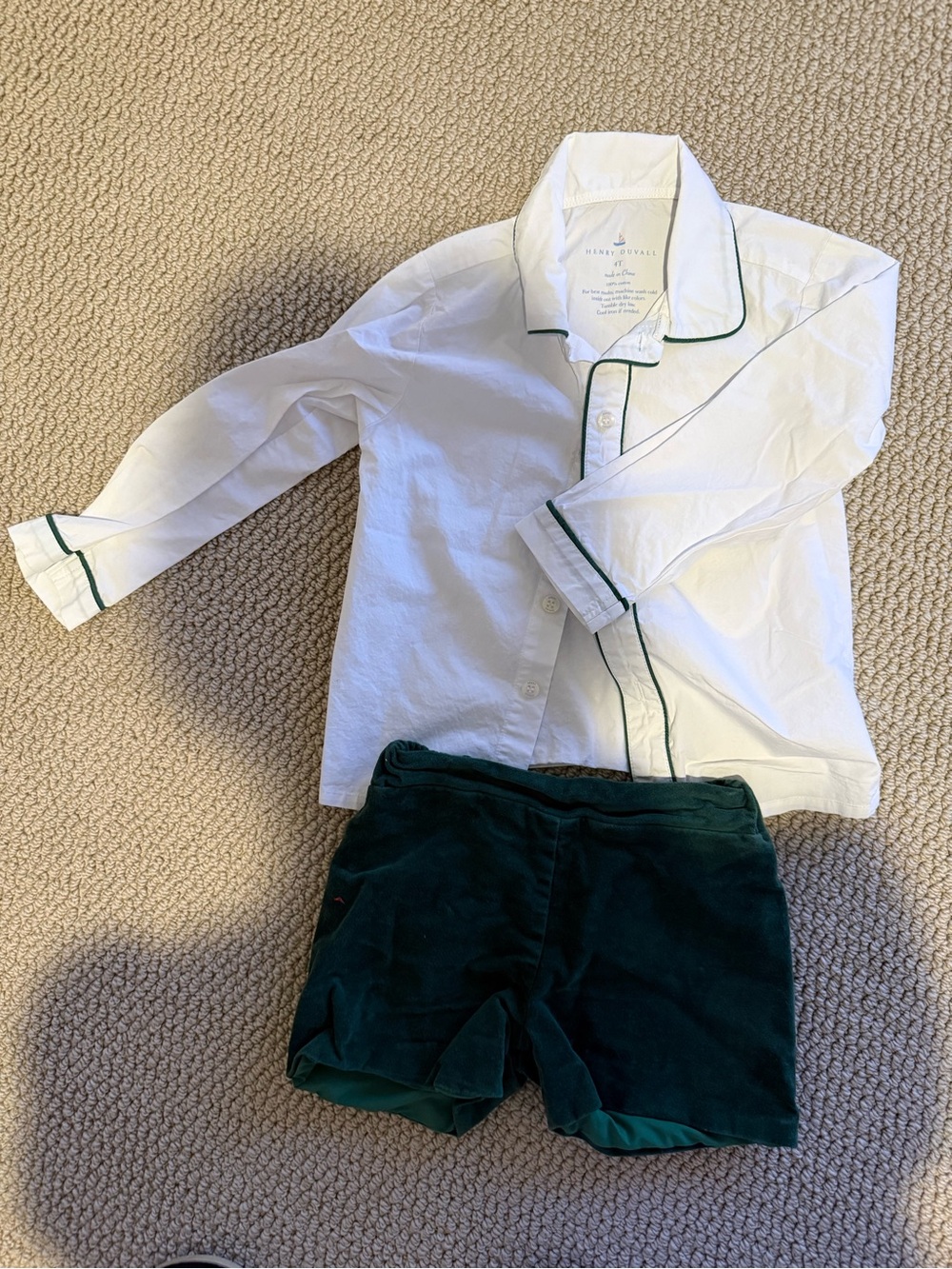 Henry Duval Boys White Button-Front Shirt Green Piping and Velvet Shorts Set